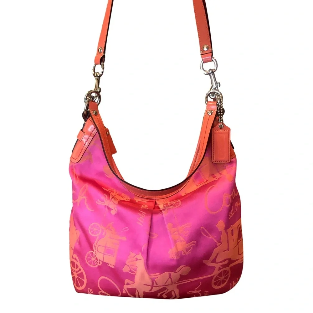 Coach Hot Pink and Coral Satin Signature Hobo